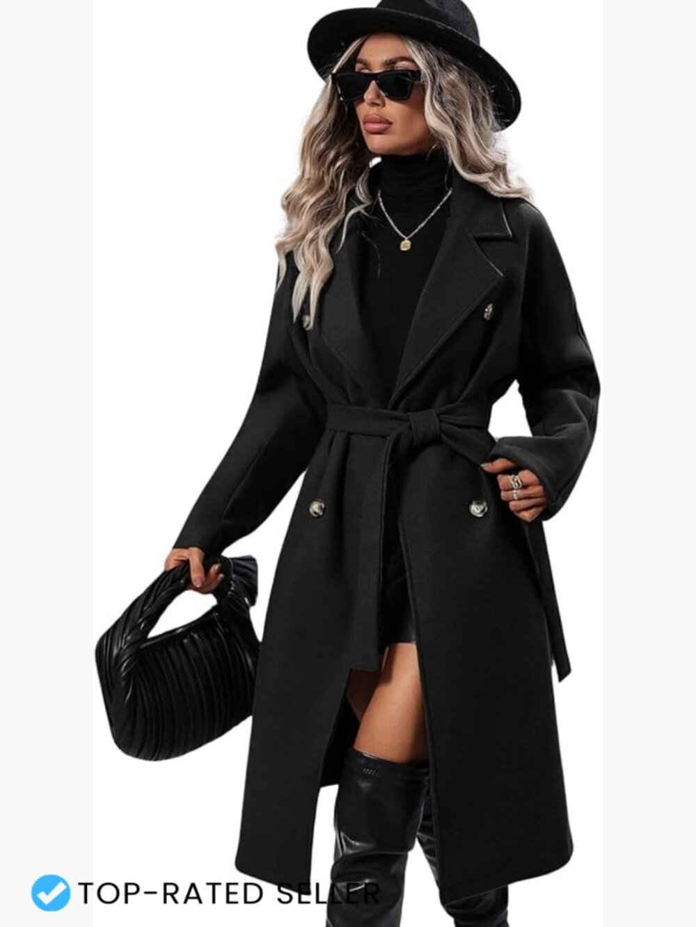 Long Wool Blend Pea Coat Notched Lapel Double Breasted Winter Overcoat with Belt
